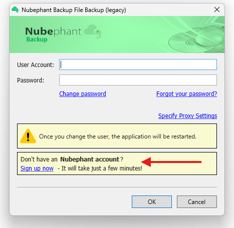 Pantalla de Creación de Cuenta Nubephant Backup